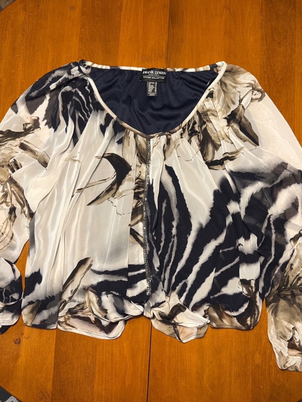 Frank Lyman Design Black, White & Brown Abstract Floral Blouse